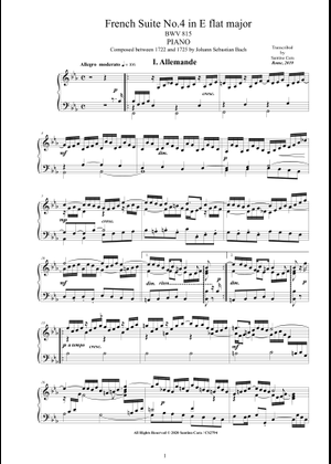 Suite Française N°4-BWV815 Sheet Music for Piano (Solo) easy