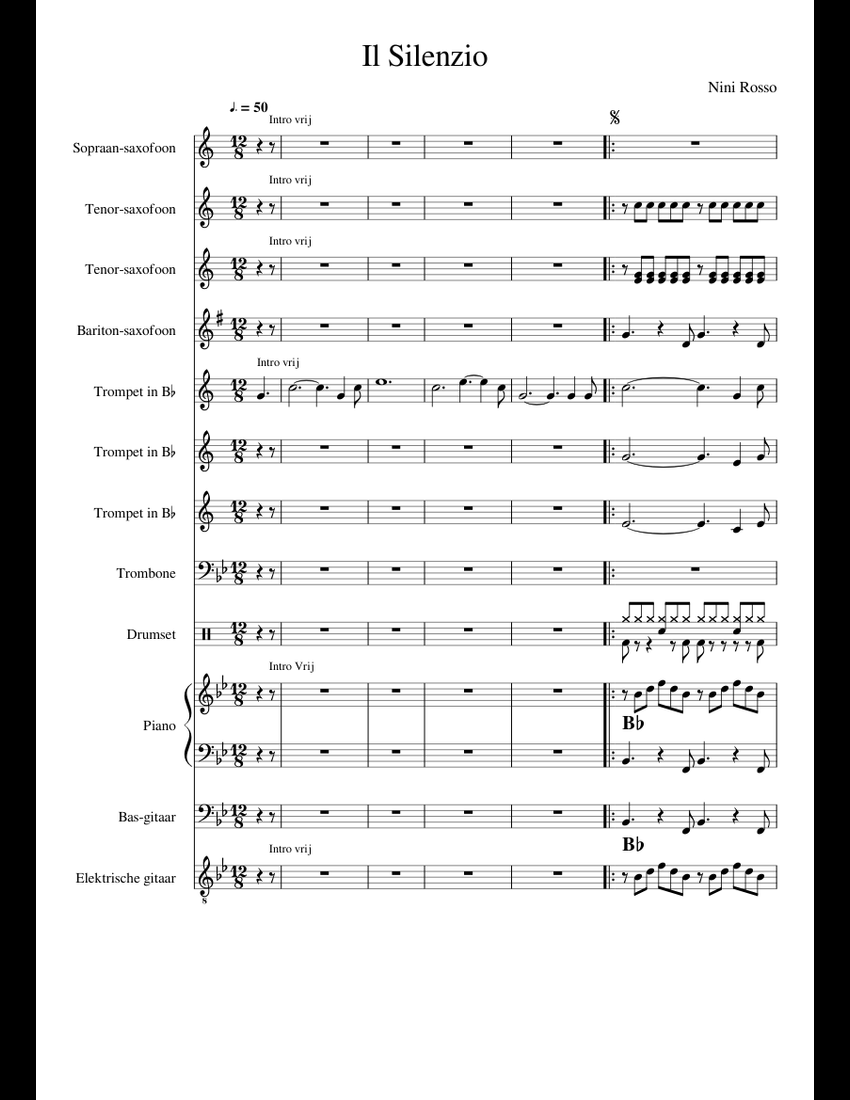 Il Silenzio Sheet Music For Piano, Trombone, Saxophone Tenor, Saxophone ...