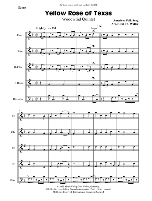 Yellow Rose of Texas (Arr. Gert Th. Walter) - American Folk Song (Small Ensemble)