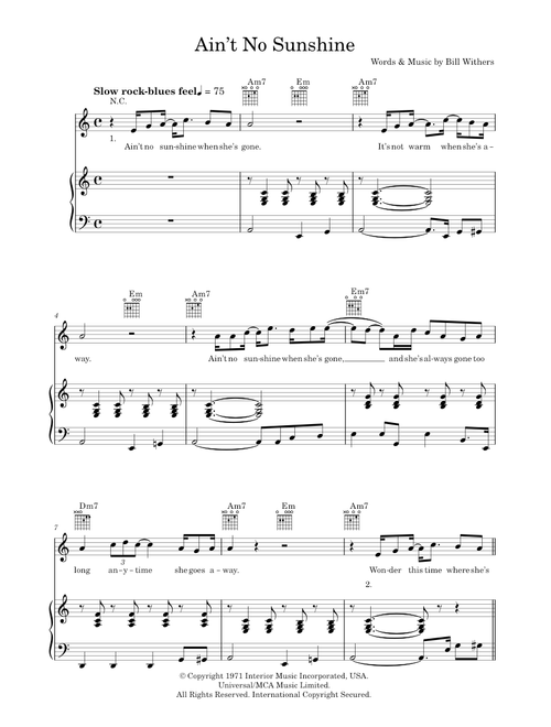Ain't No Sunshine - Bill Withers (Piano-Vocal-Guitar (Piano Accompaniment))