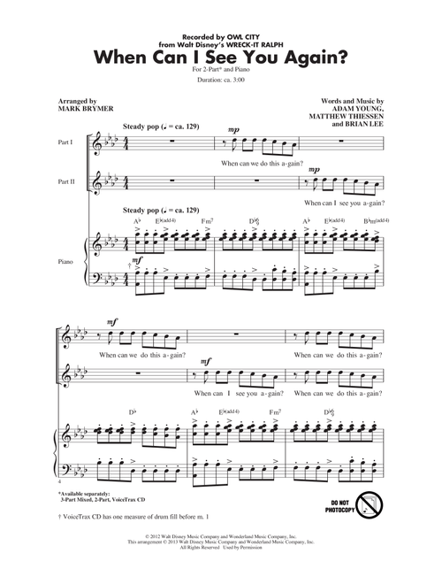 When Can I See You Again? (Arr. Mark Brymer) - Owl City (Choral, 2-Part)