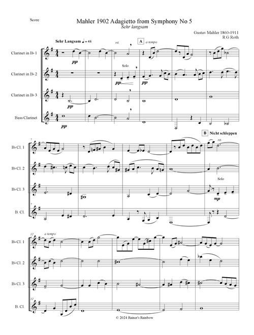 Mahler Adagietto from Symphony No 5 for Clarinet Quartet (Arr. R G Roth) - Rainer's Rainbow (Woodwind Ensemble)