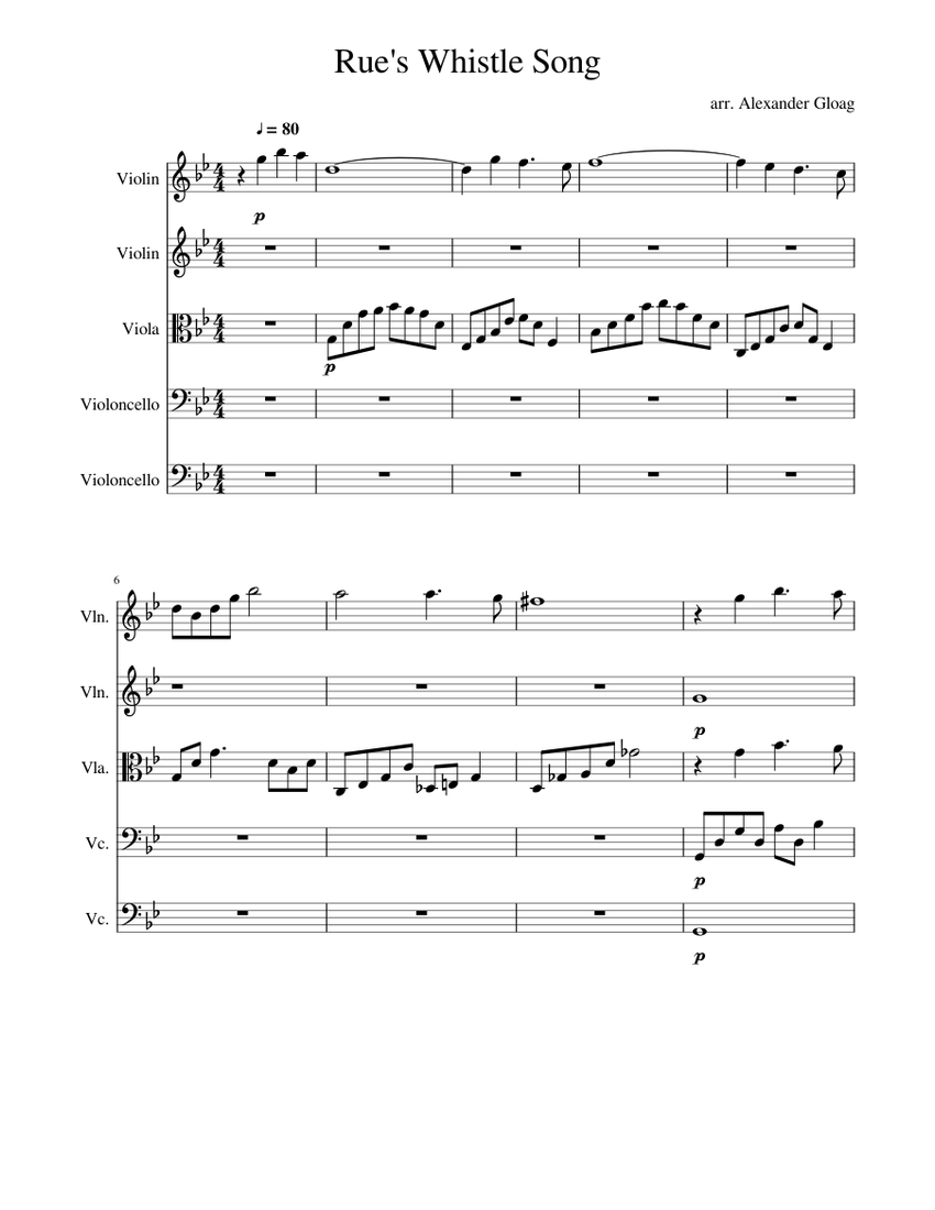 Rue's Whistle Song Sheet music for Violin, Viola, Cello (String Quintet