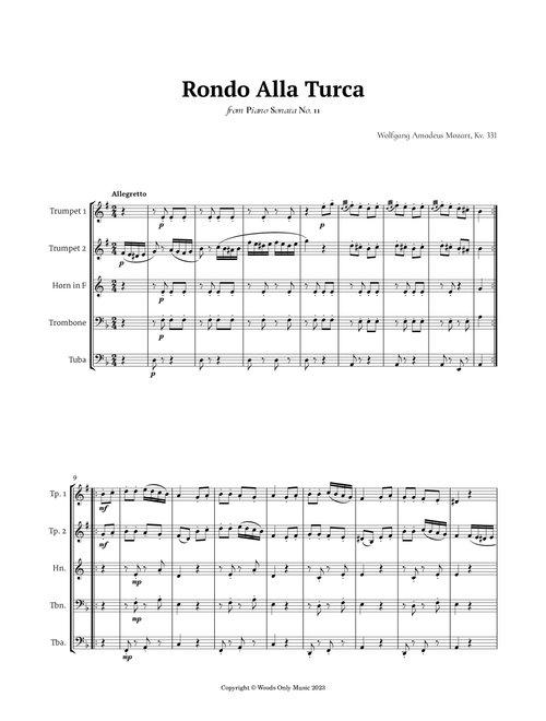 Rondo Alla Turca by Mozart for Brass Quintet (Arr. Ander) (Brass Ensemble)