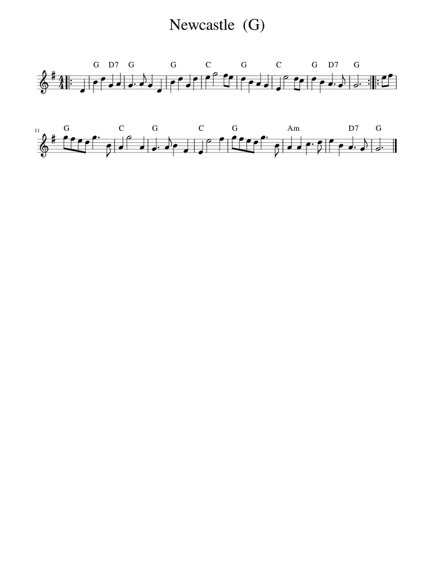 Newcastle (G) Sheet Music with Chords for Piano (Solo) easy | MuseScore.com