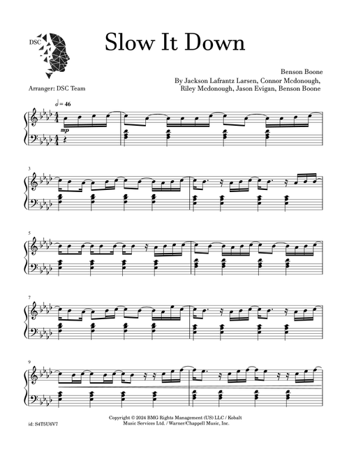 Slow It Down (Arr. Digital Scores Collection) - Benson Boone (Piano Solo)