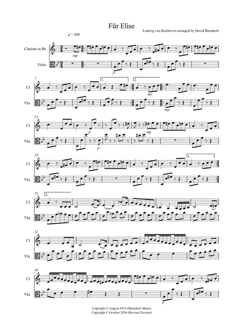 Fur Elise for Clarinet and Viola Duet (Arr. David Burndrett) - Ludwig Van Beethoven (Instrumental Duet)