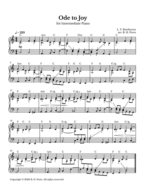 Ode to Joy - Intermediate Piano - C Major w/ chords (Arr. B. H. Peres) - L v Beethoven (Easy Piano)