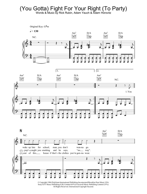 Fight For Your Right (To Party) - Beastie Boys (Piano-Vocal-Guitar (Piano Accompaniment))