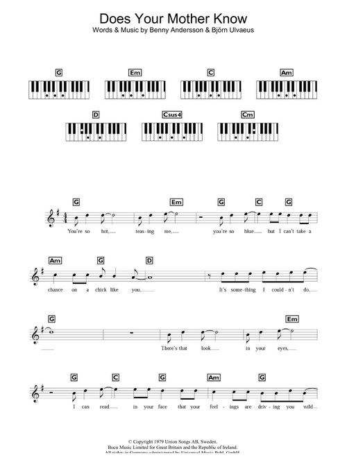 Does Your Mother Know - ABBA (Piano Chords-Lyrics)