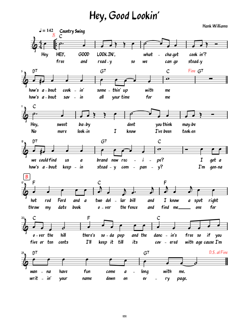 Hey Good Lookin' (Lead sheet with lyrics ) Sheet Music for Piano (Solo