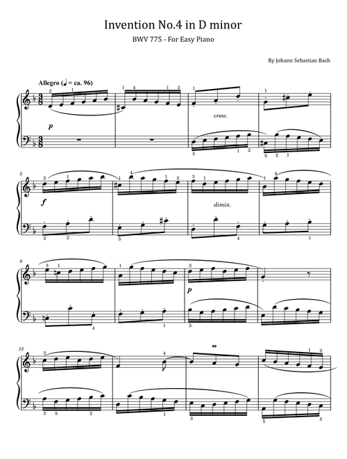 J S Bach - Invention No.4 in D minor - BWV 775 - For Easy Piano - With Finger (Arr. poon) - Johann Sebastian Bach (Easy Piano)