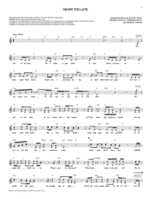 Never Too Late - Elton John & Brandi Carlile (Lead Sheet - Fake Book)