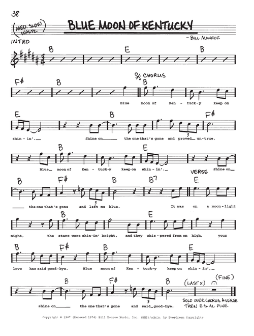 Blue Moon Of Kentucky - Bill Monroe, Patsy Cline, Elvis Presley (Real Book - Melody-Chords-Lyrics)