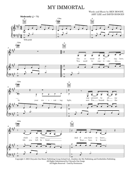 My Immortal - Adam Perlmutter, Evanescence (Piano-Vocal-Guitar)