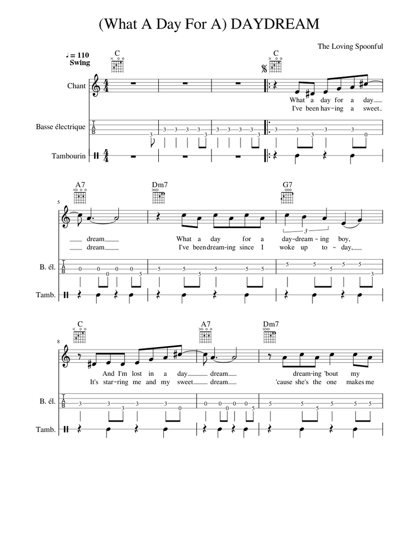 What A Day For A DAYDREAM Sheet music for Tambourine, Bass guitar