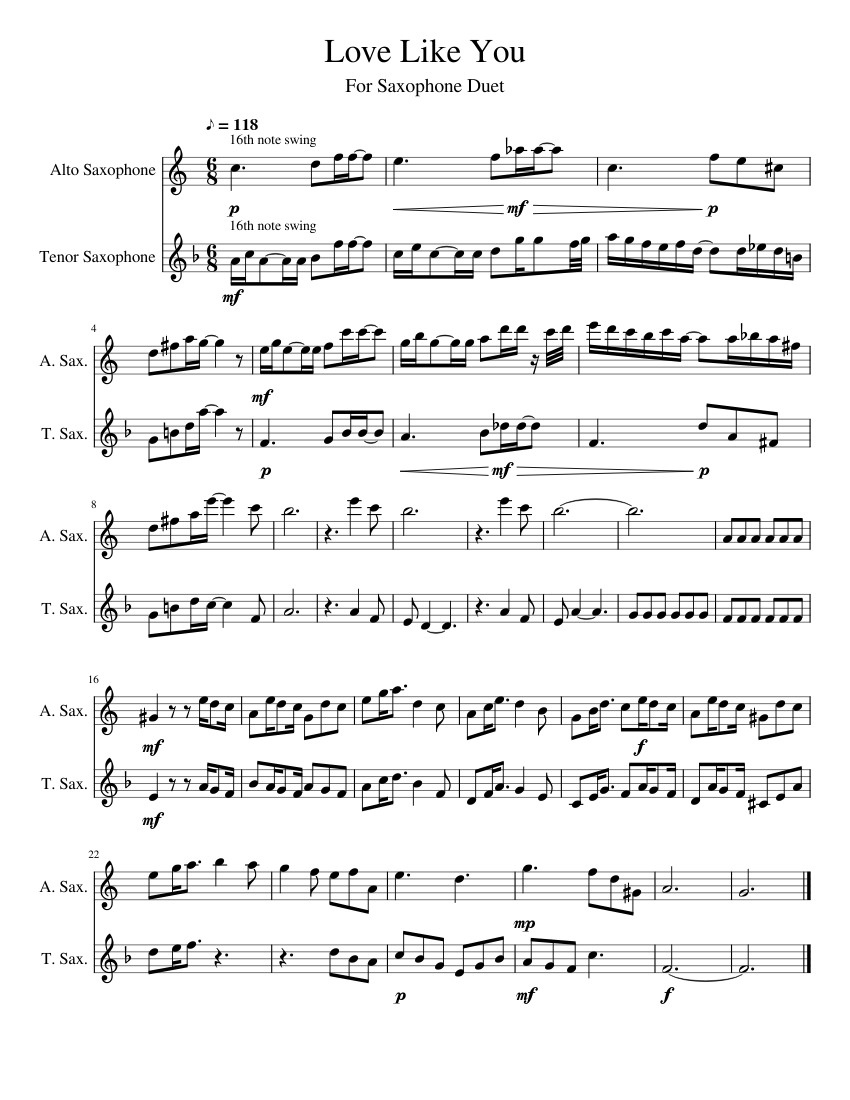 Love Like You Sheet music for Saxophone alto, Saxophone tenor (Woodwind