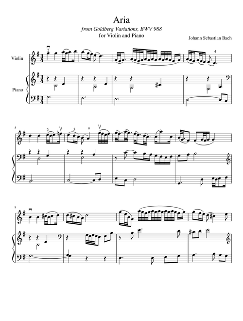 Aria from Goldberg Variations by Bach BWV 988 for Violin and Piano