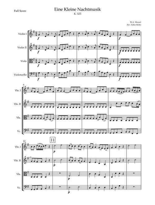 Eine kleine Nachtmusik (W.A. Mozart) for String Quartet (Simplified) (Arr. Fabio Britto) - Wolfgang Amadeus Mozart (String Quartet)