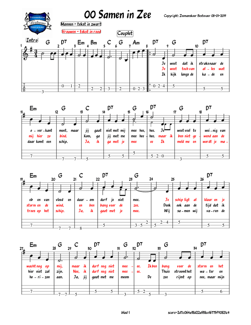00 Samen in zee Compri Sheet music for Accordion, Bass guitar (Mixed ...