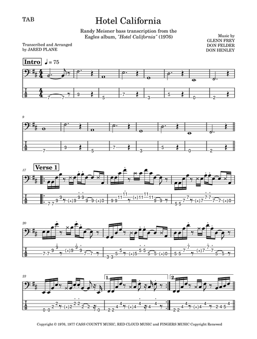 Hotel California (Arr. Jared Plane) - Eagles (Bass Tab)