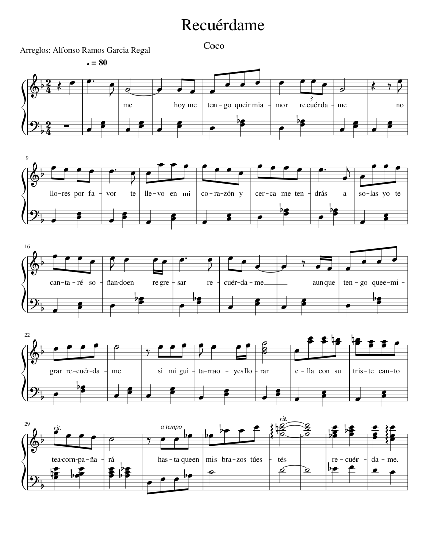 Recuerdame Sheet Music for Piano (Solo) easy | MuseScore.com