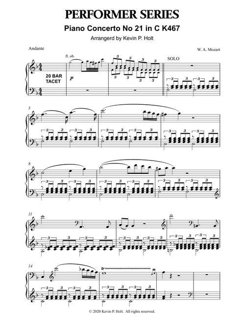 Mozart - Piano Concerto no 21 in C major. 2nd movement (Arr. Kevin P. Holt) - W A Mozart (Piano Solo)