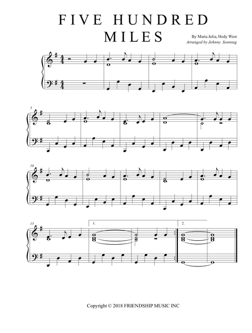 La, Muito Alem (five Hundred Miles) (Arr. Johnny Sonntag) - Hedy West, Maria Julia (Piano Solo)