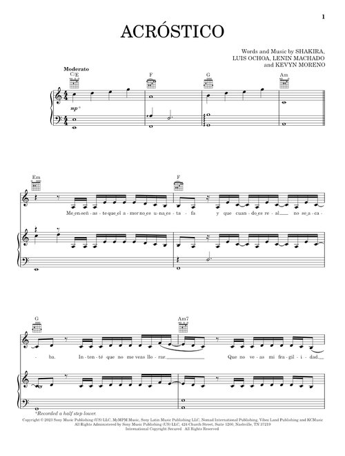 Acróstico - Shakira (Piano-Vocal-Guitar)