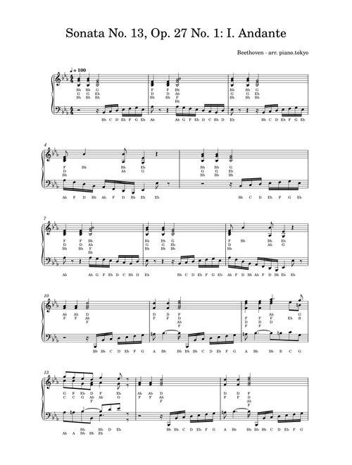 Sonata No. 13, Op. 27 No. 1: I. Andante (Arr. piano.tokyo) - Beethoven (Piano Solo)