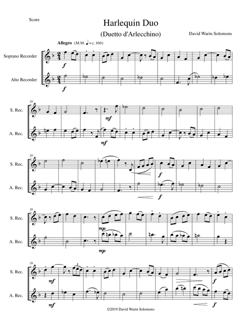 Harlequin Duo (Duetto d'Arlecchino) for soprano and alto recorders - David Warin Solomons (Instrumental Duet)