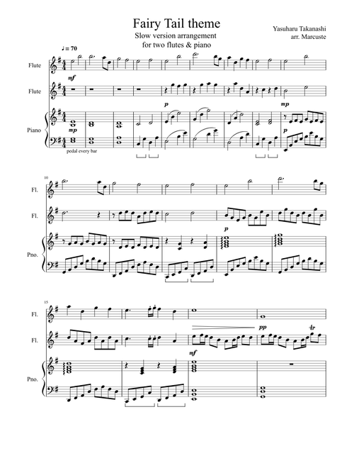 Fairy Tail Slow theme - arrangement for two flutes and piano