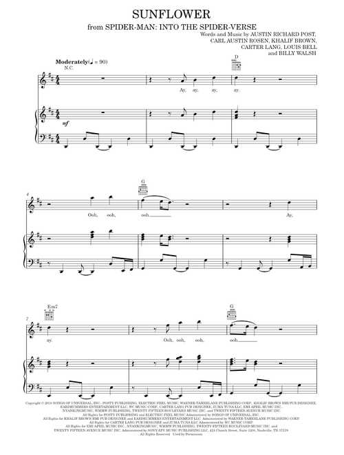Sunflower (from Spider-Man: Into The Spider-Verse) - Post Malone & Swae Lee (Piano-Vocal-Guitar)