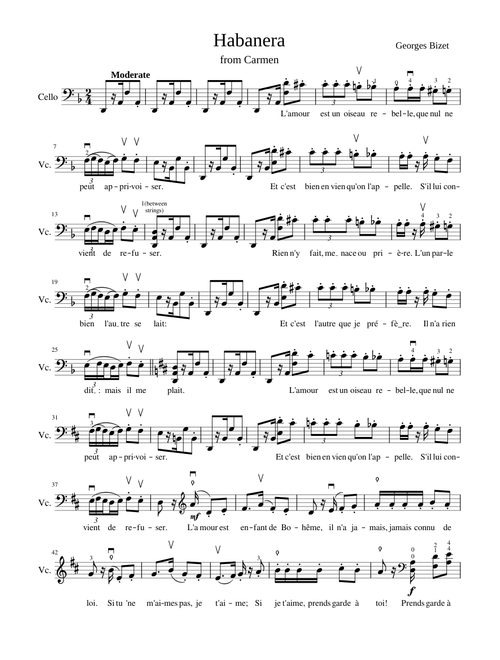 Habanera from Carmen for Cello solo