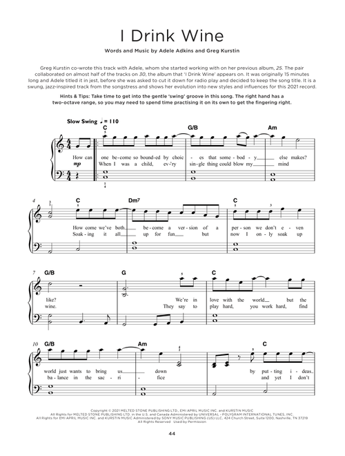 I Drink Wine - Adele (Really Easy Piano)