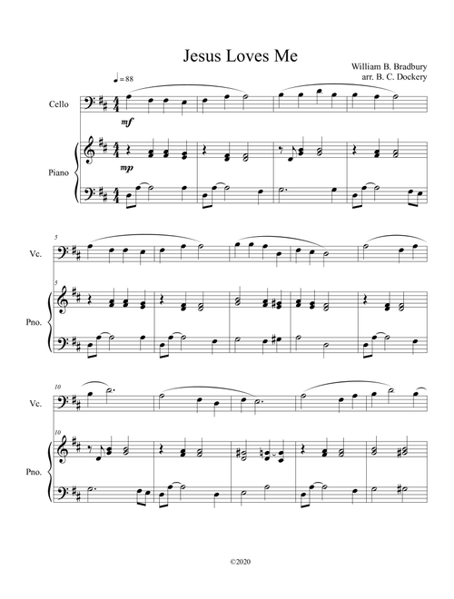 Jesus Loves Me (cello solo) with optional piano accompaniment (Arr. B. C. Dockery) - William B Bradbury (Cello and Piano)