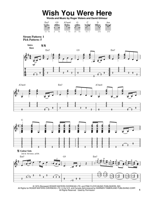 Wish You Were Here - Pink Floyd (Easy Guitar with TAB)