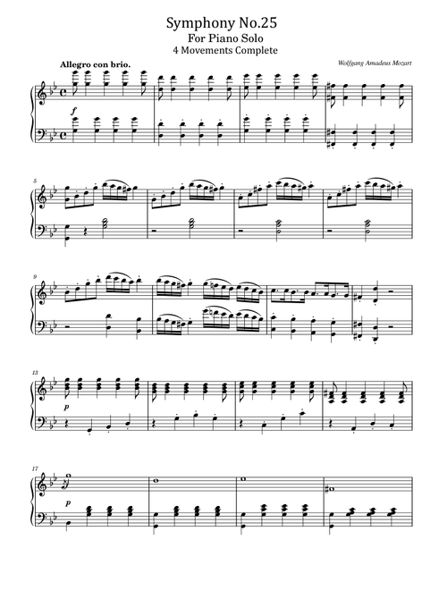 Mozart - Symphony No.25 K.183 - For Piano Solo 4 Movements Complete Original (Arr. poon) - Wolfgang Amadeus Mozart (Piano Solo)