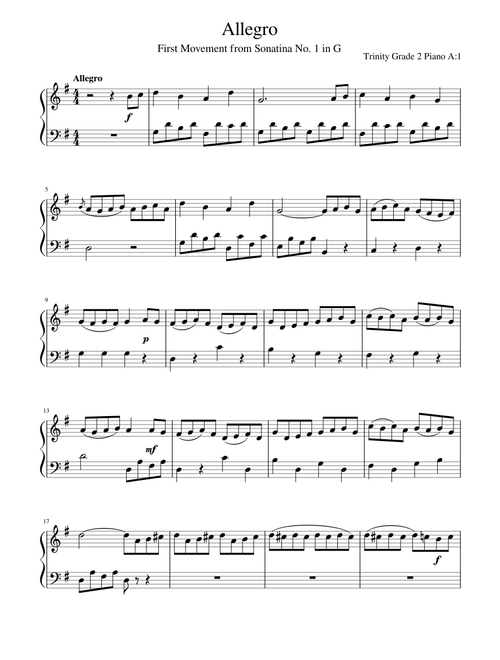 Allegro - First Movement from Sonatina No. 1 in G (Trinity Grade 2 Piano)