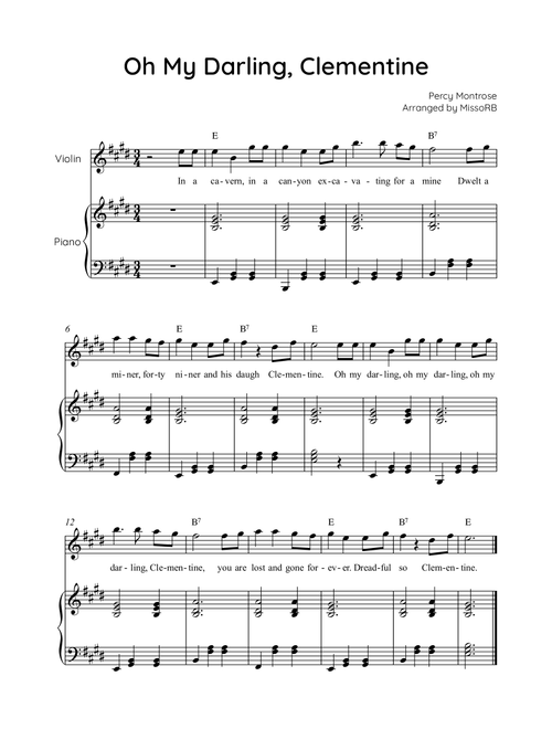 Oh My Darling, Clementine - Violin & Piano in E With Chords & Lyric - Easy (Arr. MissoRB) - Percy Montrose (Violin and Piano)