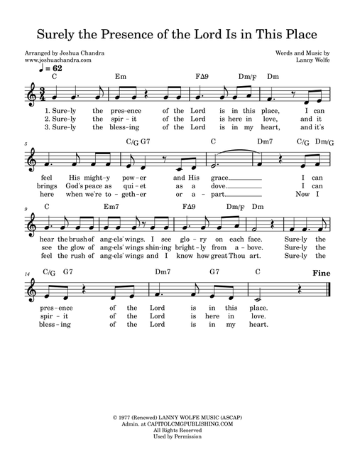 Surely The Presence Of The Lord Is In This Place (Arr. Joshua Chandra) - Lanny Wolfe (Lead Sheet - Fake Book)