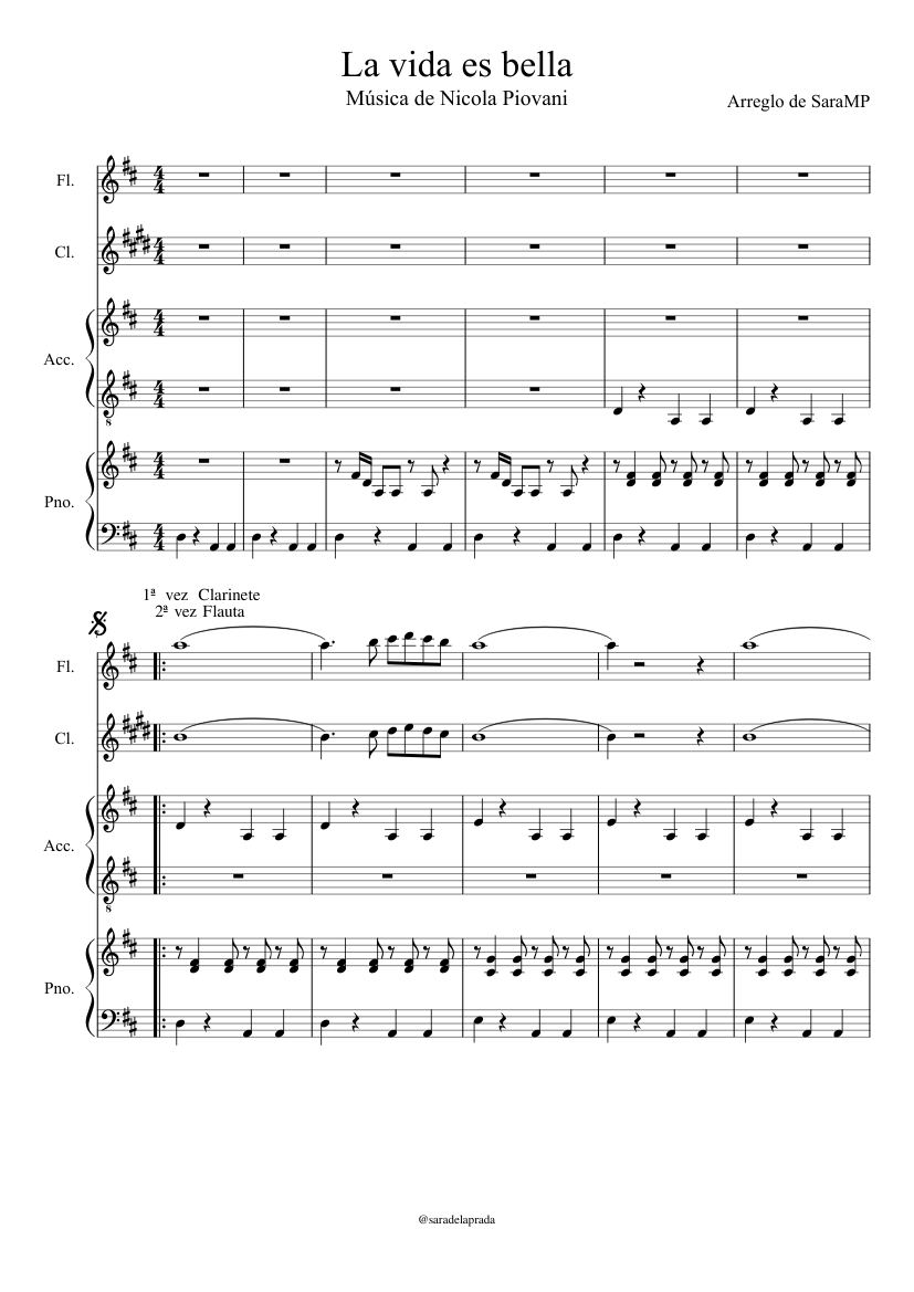 Leche maíz Touhou La vida es bella" de Nicola Piovani Sheet music for Piano, Accordion,  Flute, Woodwinds (other) (Mixed Quartet) | Musescore.com