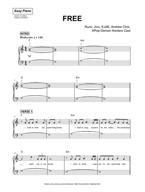 Free - Rumi, Jinu, EJAE, Andrew Choi, KPop Demon Hunters Cast (Easy Piano)