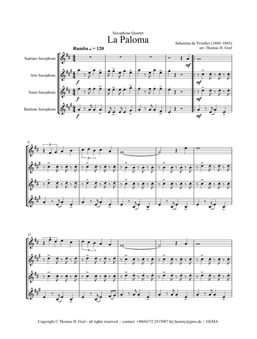La Paloma - Spanish Habanera - Saxophone Quartet (Arr. Thomas H. Graf) - Sebastina de Yvradier (1809–1865) (Woodwind Ensemble)