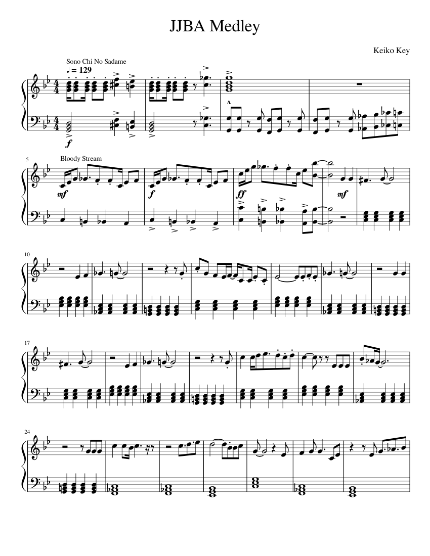 JoJo's Bizarre Adventure Medley Sheet Music for Piano (Solo