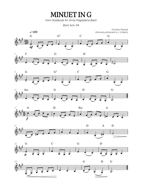 Petzold (Bach) Minuet in G BWV Anh 114 | clarinet solo (with chords) (Arr. Benzaiten Editions) - Christian Petzold, Johann Sebastian Bach (Clarinet Solo)