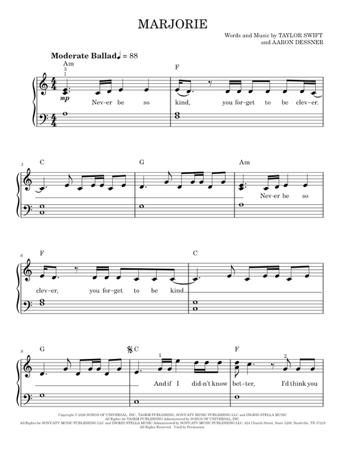 Marjorie - Taylor Swift (Easy Piano)