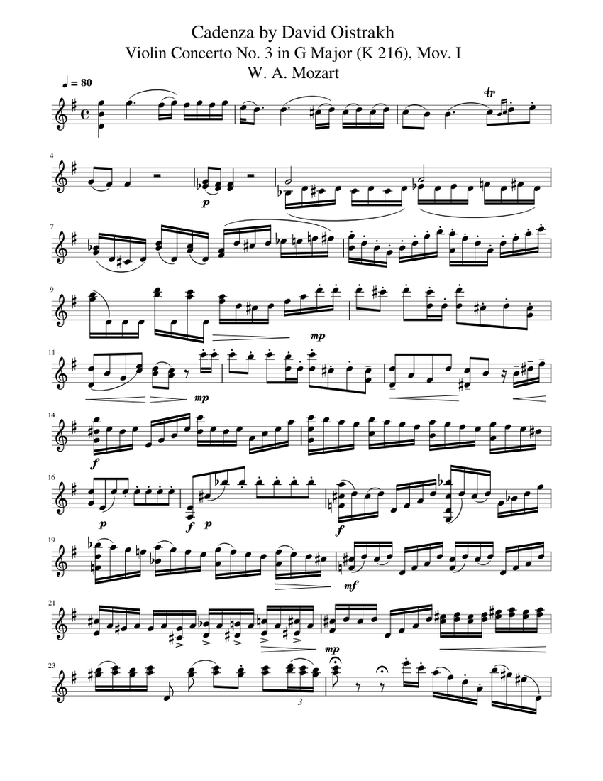 Cadenza by David Oistrakh Violin Concerto No.3 in G major, Mov. I, K