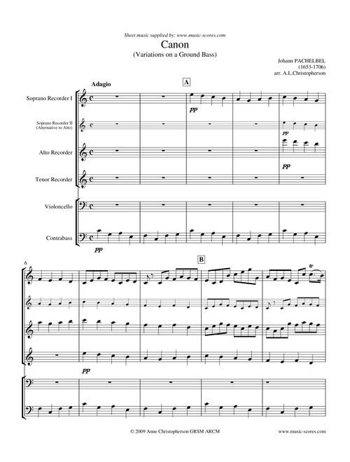 Pachelbel's Canon - 3 Recorders, Cello and Double Bass (Arr. Anne L Christopherson GRSM ARCM) - Pachelbel, Johann (Small Ensemble)
