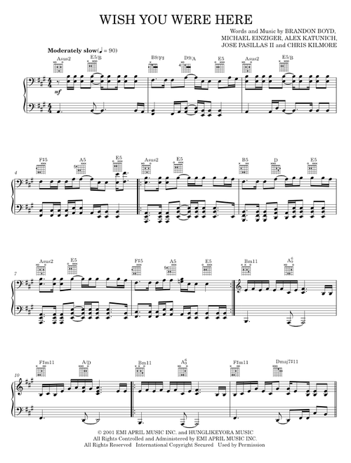 Wish you were here - Incubus (Piano-Vocal-Guitar)